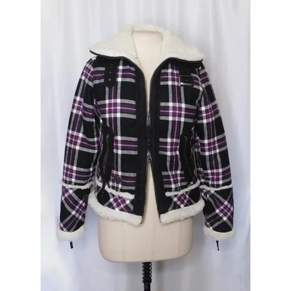 HARLEY-DAVIDSON Purple Black Plaid Fleece Sherpa Lined Coat Moto Motorcycle S - Picture 6 of 13